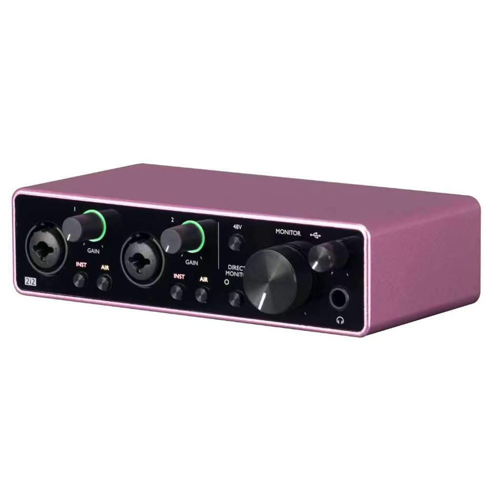 Interfaz de audio USB YH- 2i2 02 Rosa Vista frontal de la interfaz de audio USB YH-Audio 2i2 24 bits 192kHz