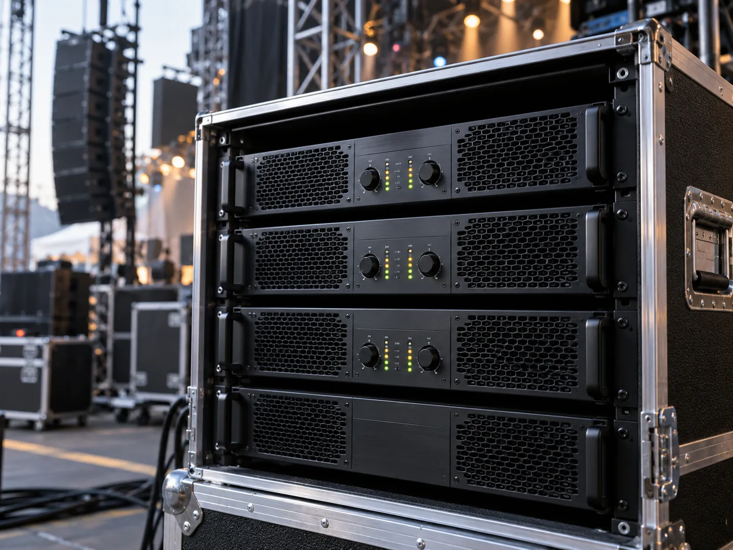 Amplificadores de potencia profesionales instalados en un estante de equipos de audio real
