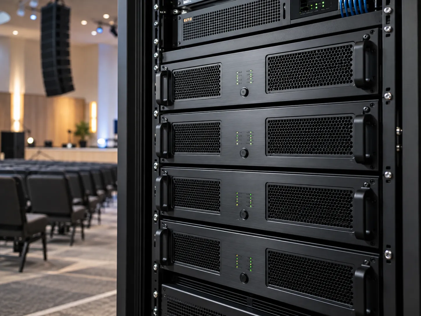 Rack amplificador profesional en una instalación de audio comercial