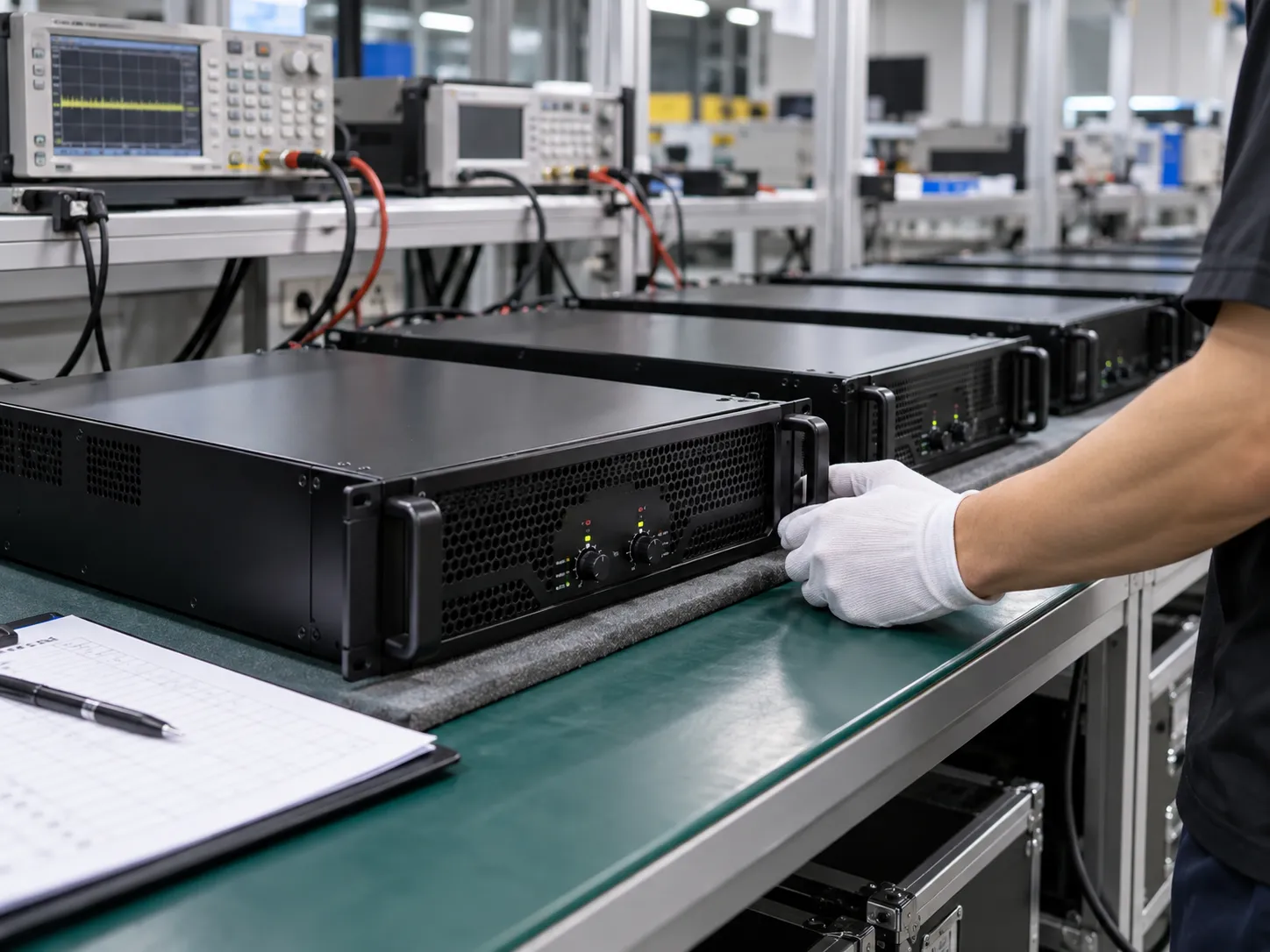 Amplificadores de potencia de audio profesionales que se inspeccionan en un área de control de calidad realista