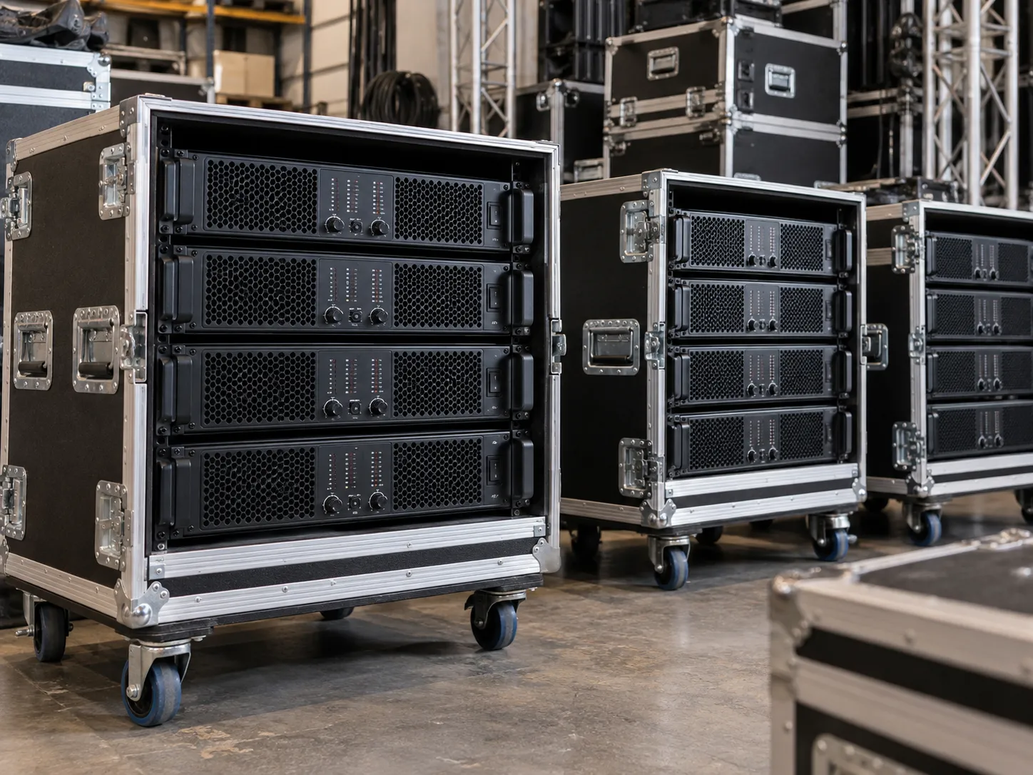 Rack de equipos de amplificador profesional preparado para una empresa de alquiler de audio