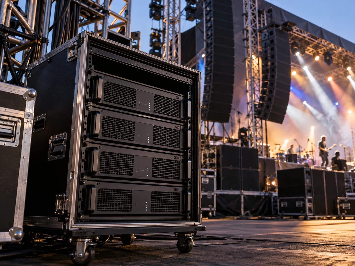 Rack de amplificador de potencia profesional utilizado en un evento de escenario en vivo