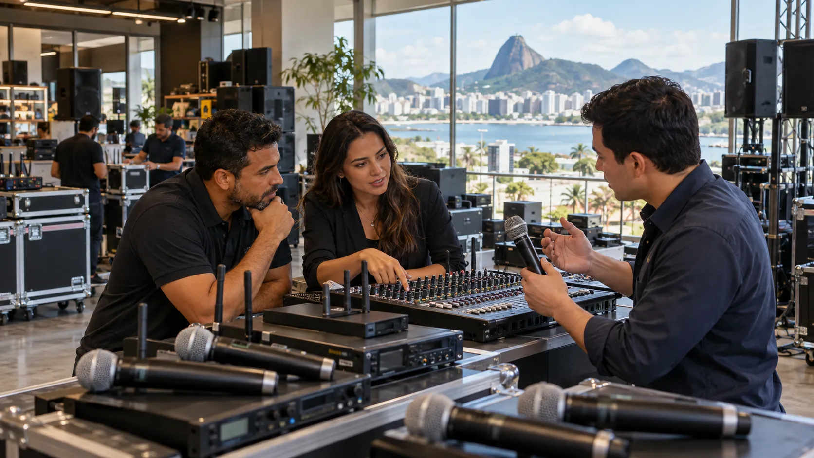 Brazilian professional audio buyers reviewing microphones mixers amplifiers and speakers with YH Audio sourcing support