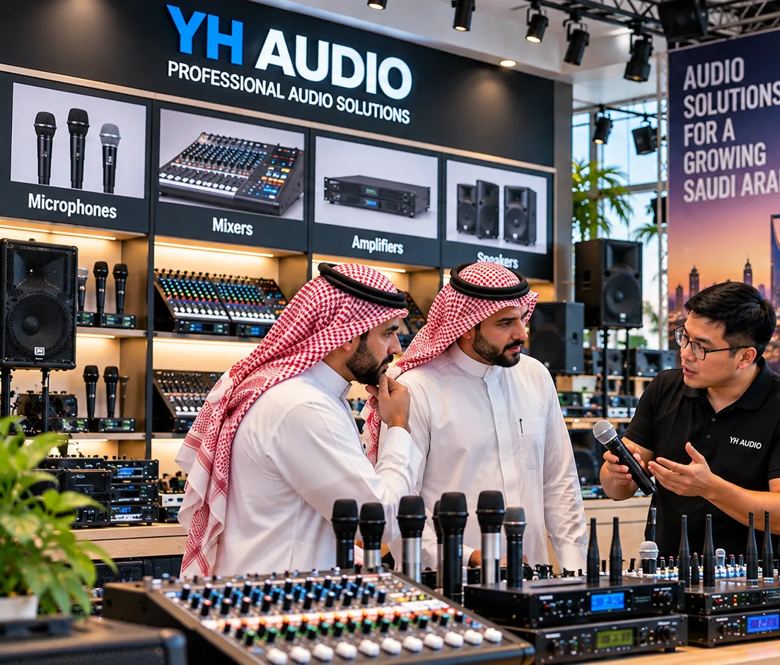 Saudi Arabian professional audio buyers reviewing microphones mixers amplifiers and speakers with YH Audio sourcing support