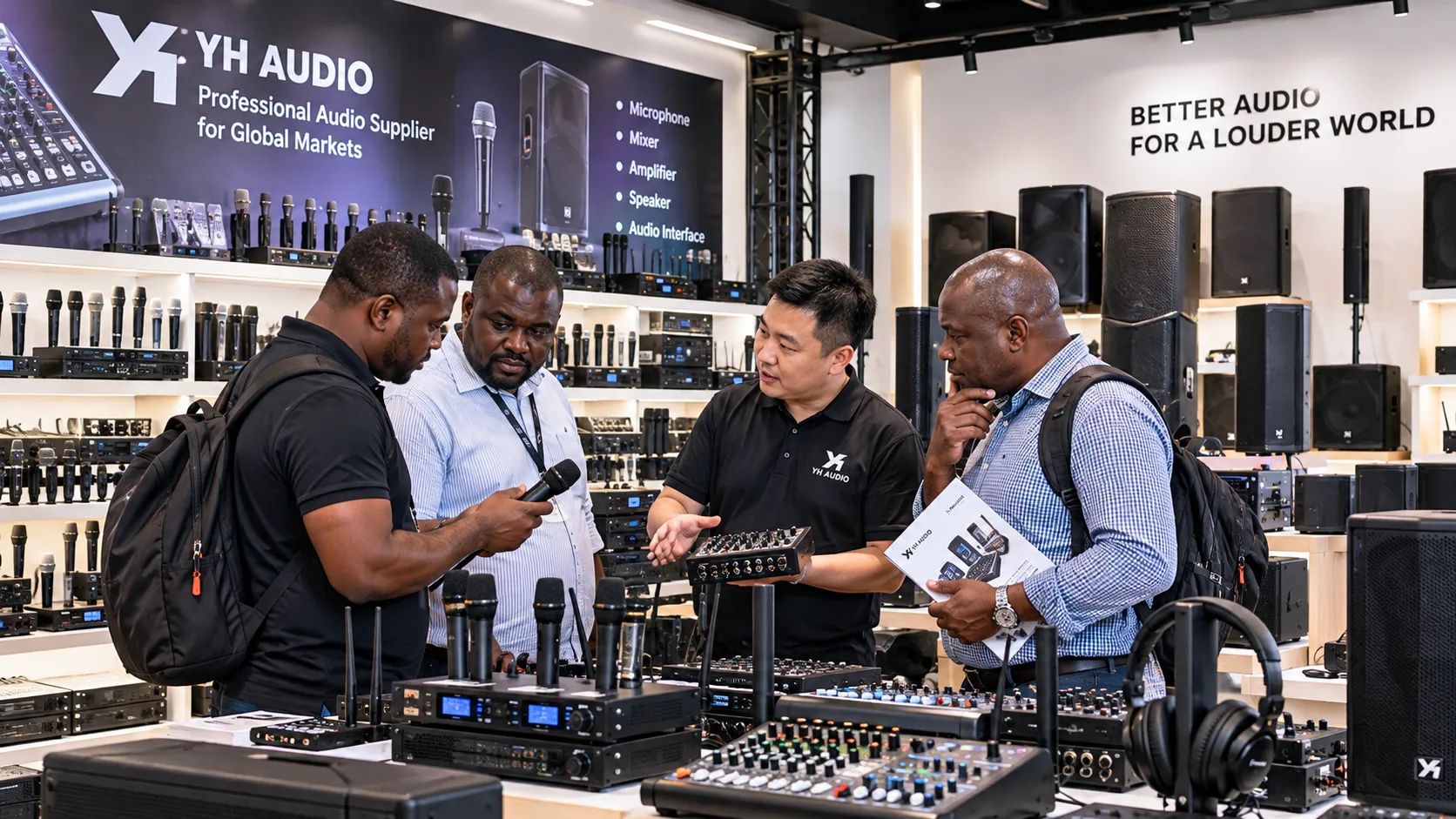 South African professional audio buyers reviewing microphones mixers amplifiers and speakers with YH Audio sourcing support