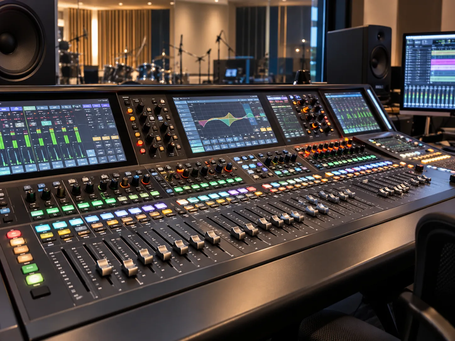 Consola de mezcla digital en un entorno de control de audio profesional
