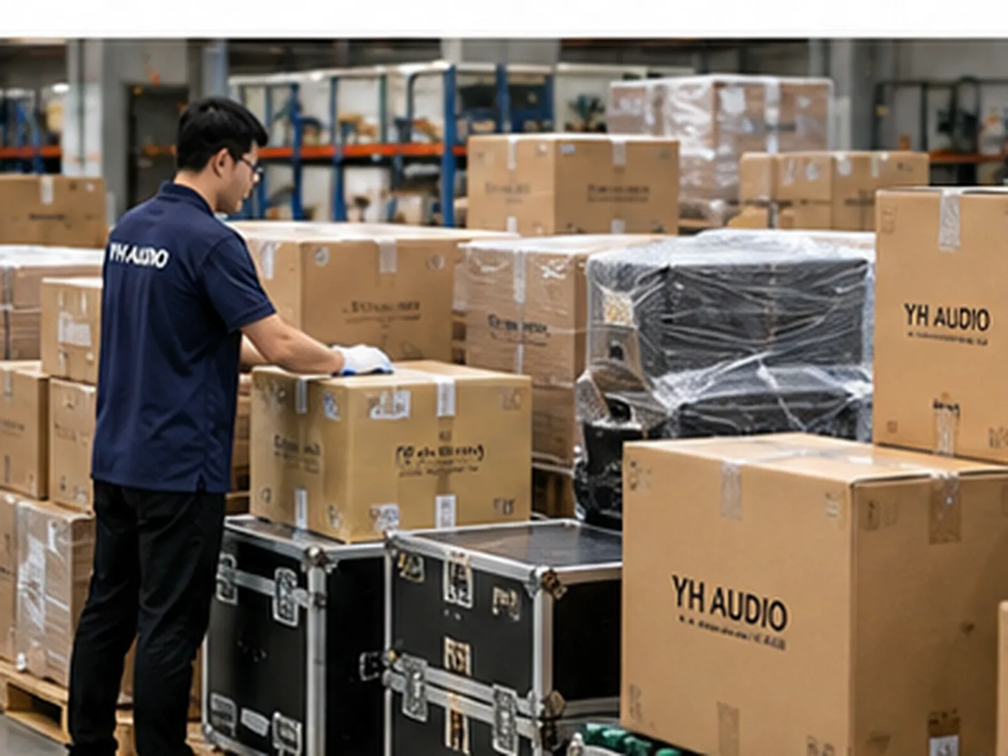 Mixed professional audio cartons and equipment prepared for coordinated shipment consolidation