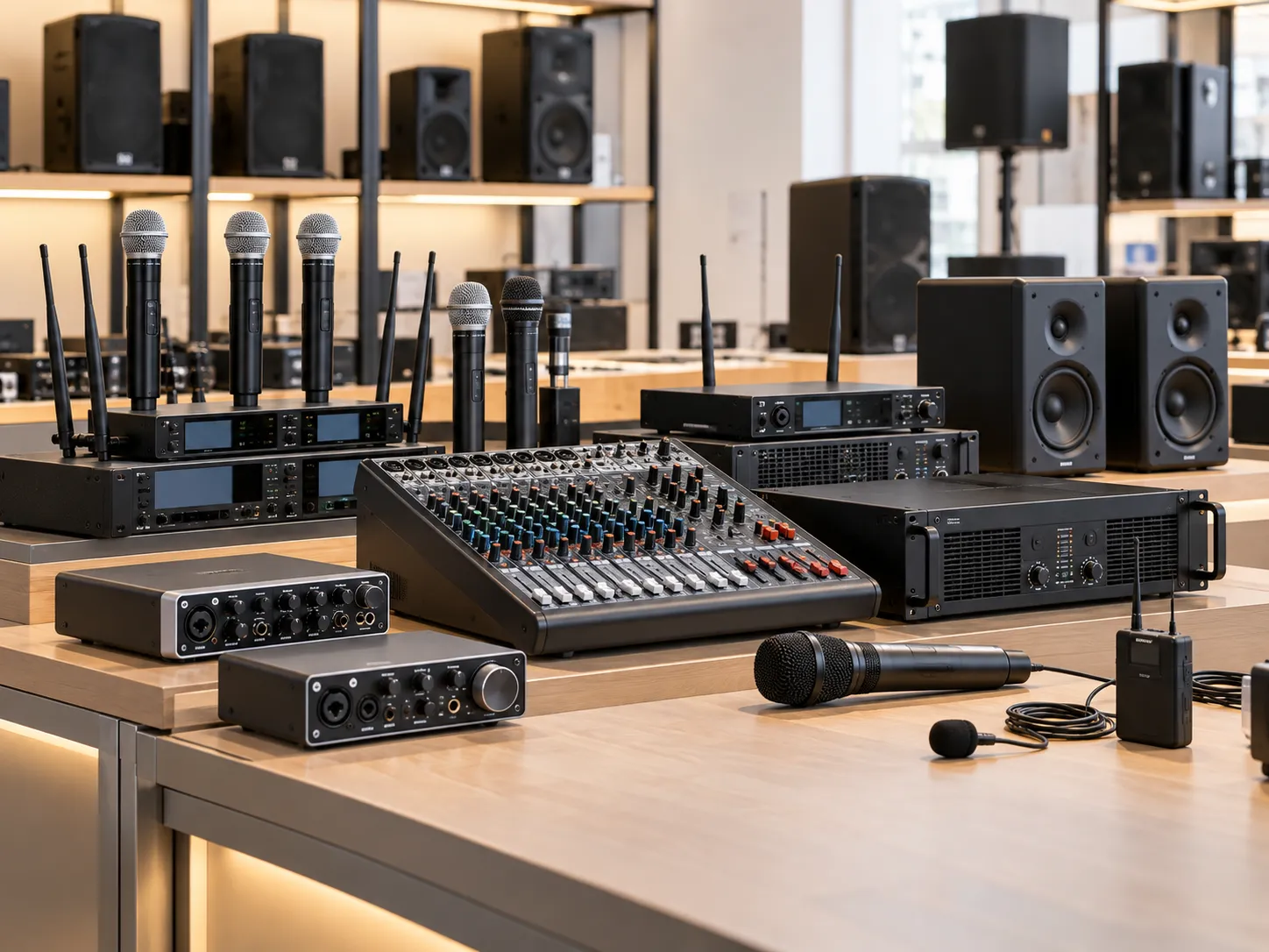Assortment of professional audio products selected for small-batch wholesale purchasing