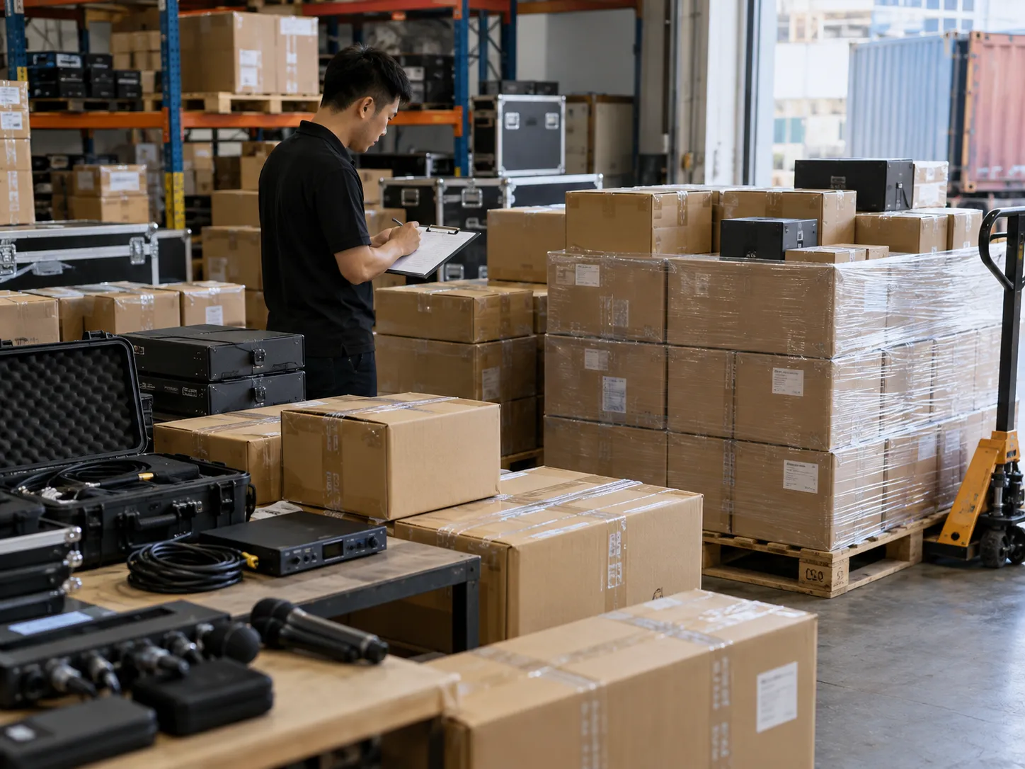 Mixed professional audio order with microphones mixers amplifiers speakers and audio interfaces