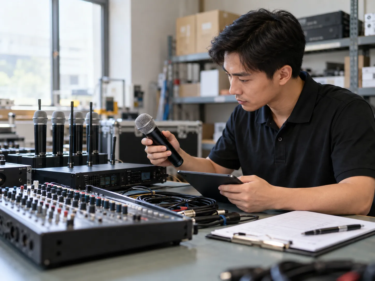 Professional audio products being checked during a small-batch sourcing quality inspection